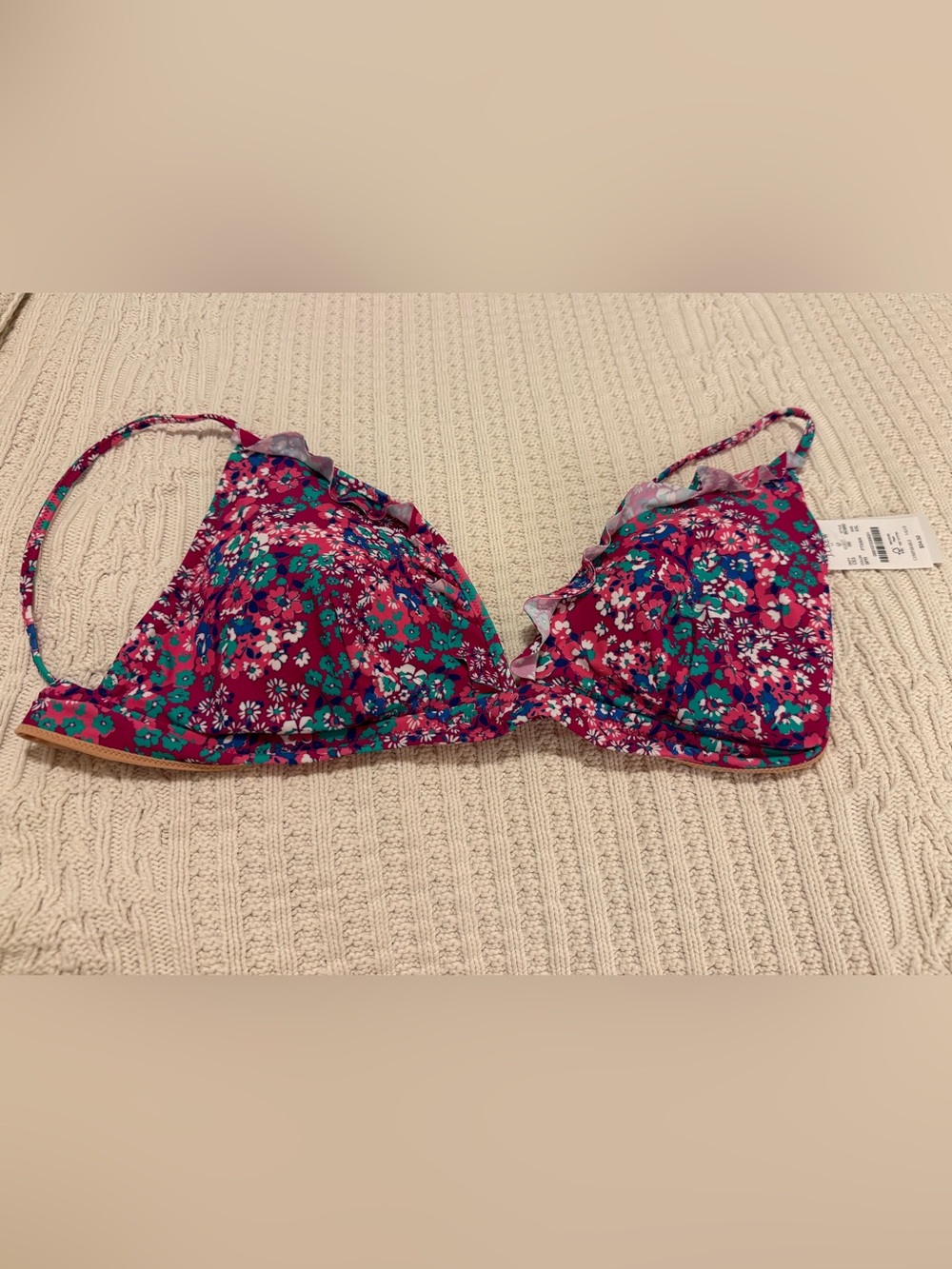 J. Crew Floral Ruffle Trim Bikini Top in Magenta and Teal